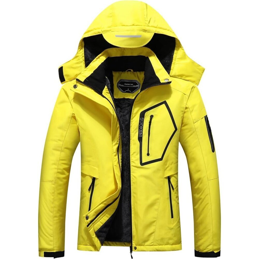 Women's Yellow Waterproof Winter Hooded Raincoat Fabric Ski Snow Jacket Coat